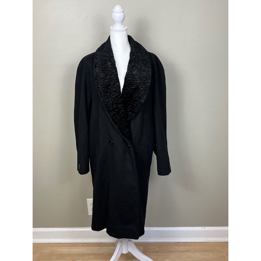 Mario De Pinto MDP Vintage Black Wool Blend Coat Faux Persian Lamb Fur Collar 80